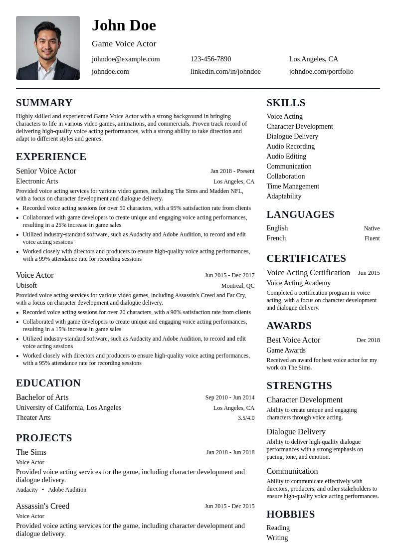Game Voice Actor resume example