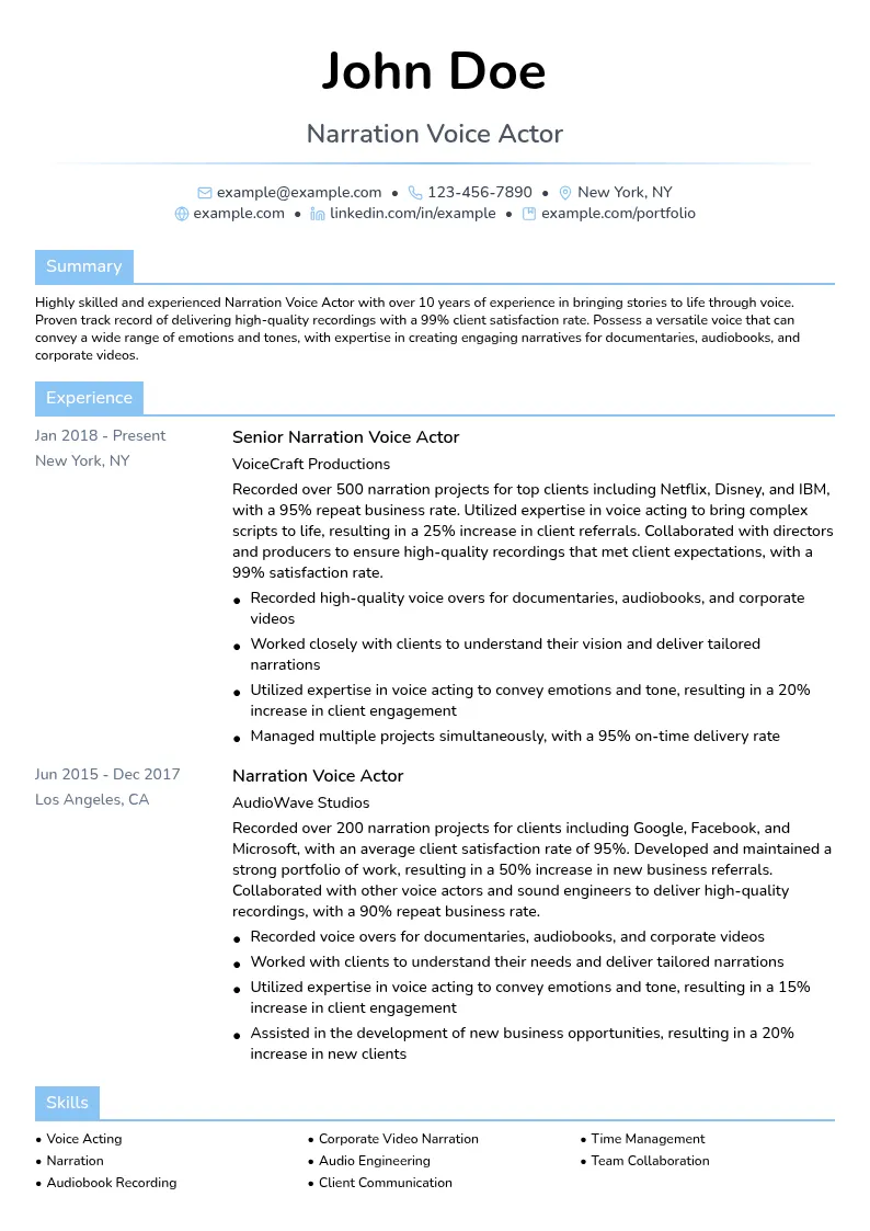 Narration Voice Actor resume example