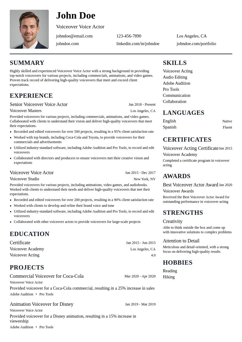 Voicover Voice Actor resume example