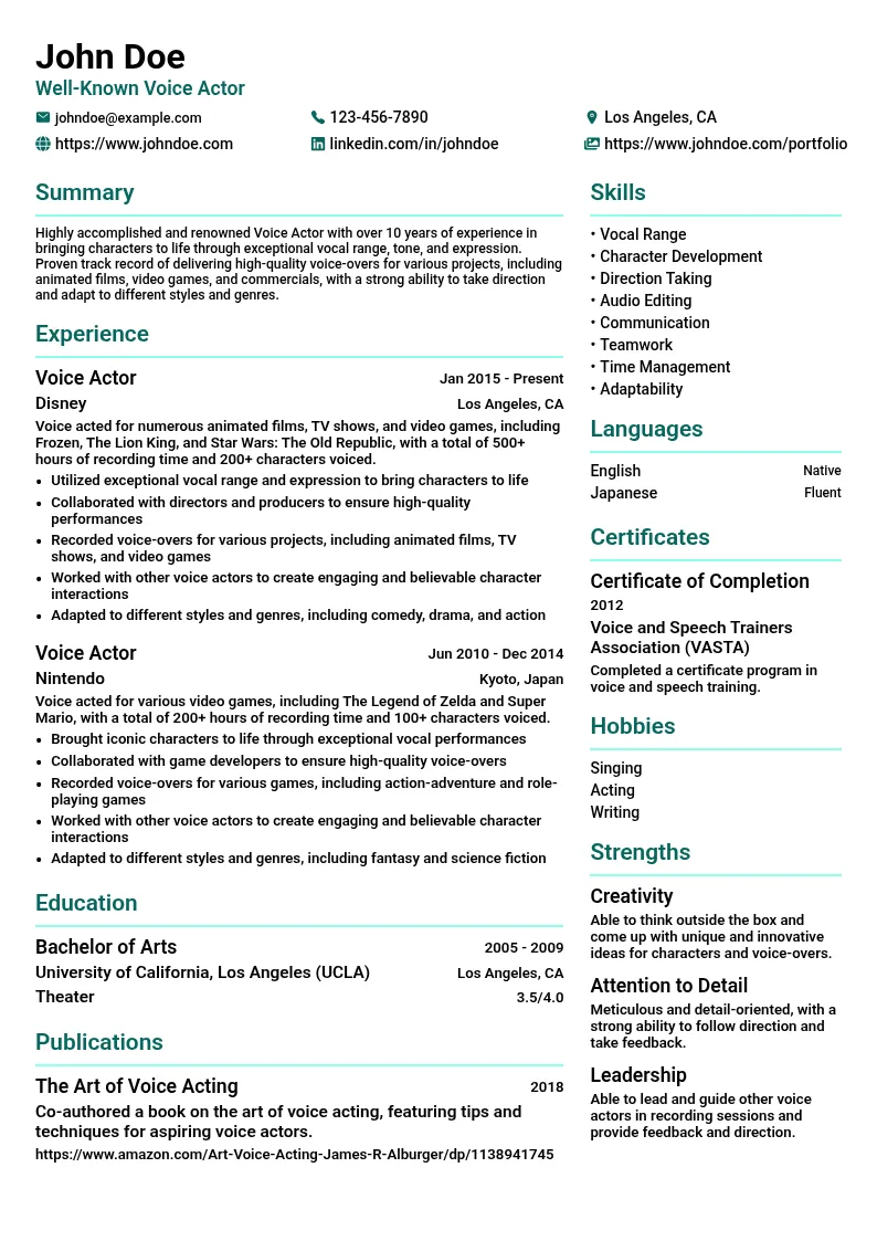 Well-Known Voice Actor resume example
