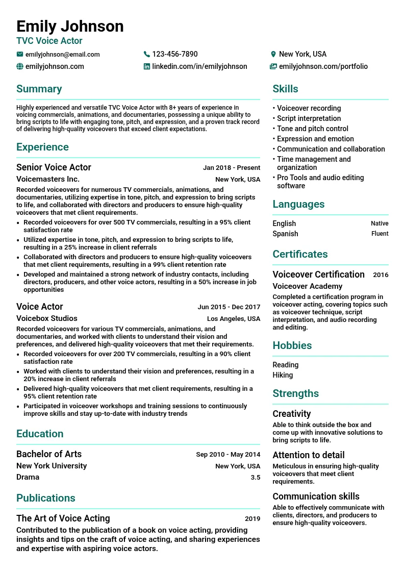 TVC Voice Actor resume example
