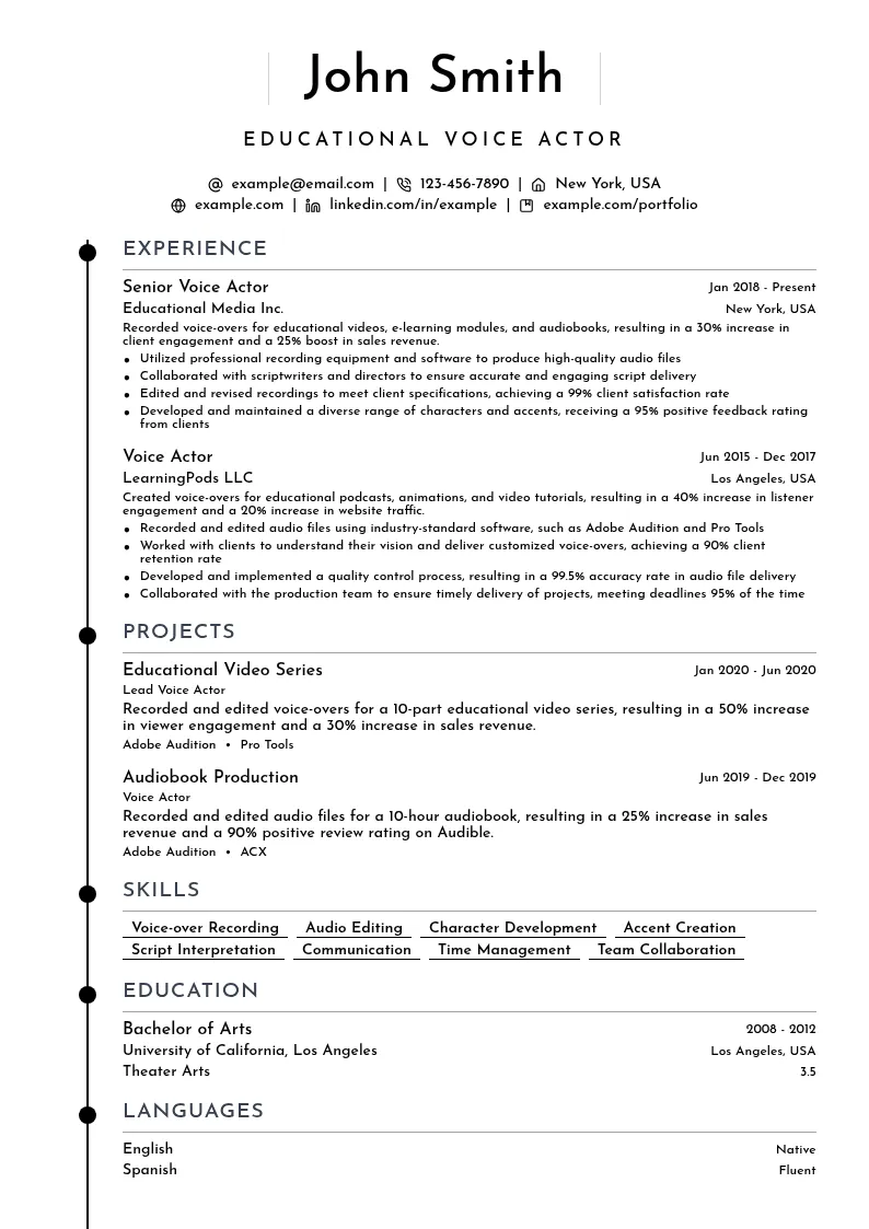 Educational Voice Actor resume example