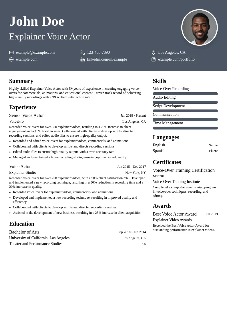 Explainer Voice Actor resume example