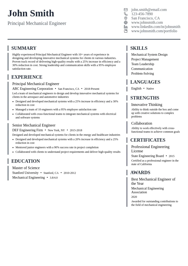 Principal Mechanical Engineer resume example