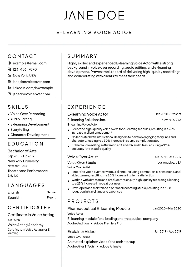E-learning Voice Actor resume example
