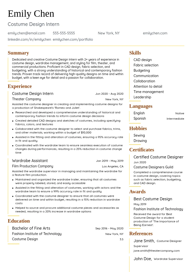 Costume Design Intern resume example
