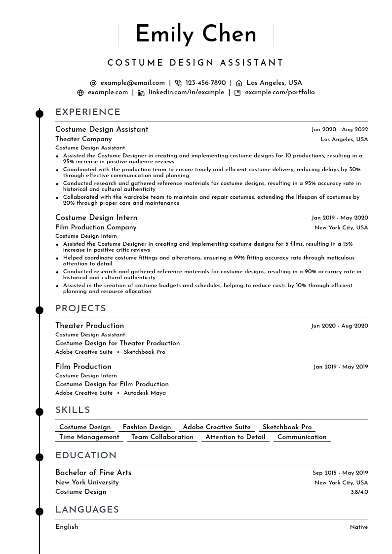 Costume Design Assistant resume example