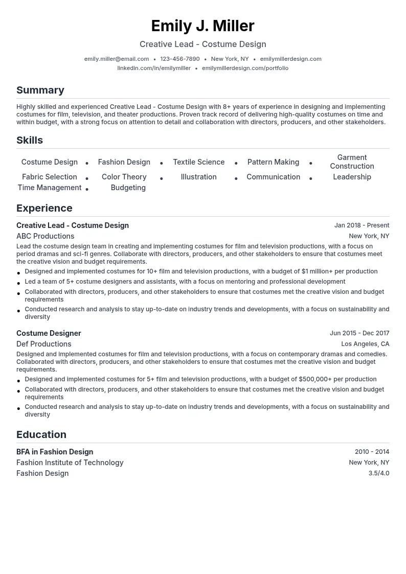 Creative Lead- Costume Design resume example