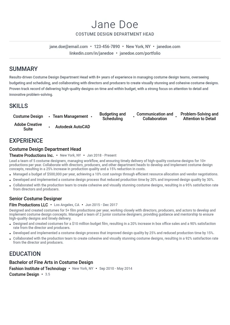 Costume Design Department Head resume example
