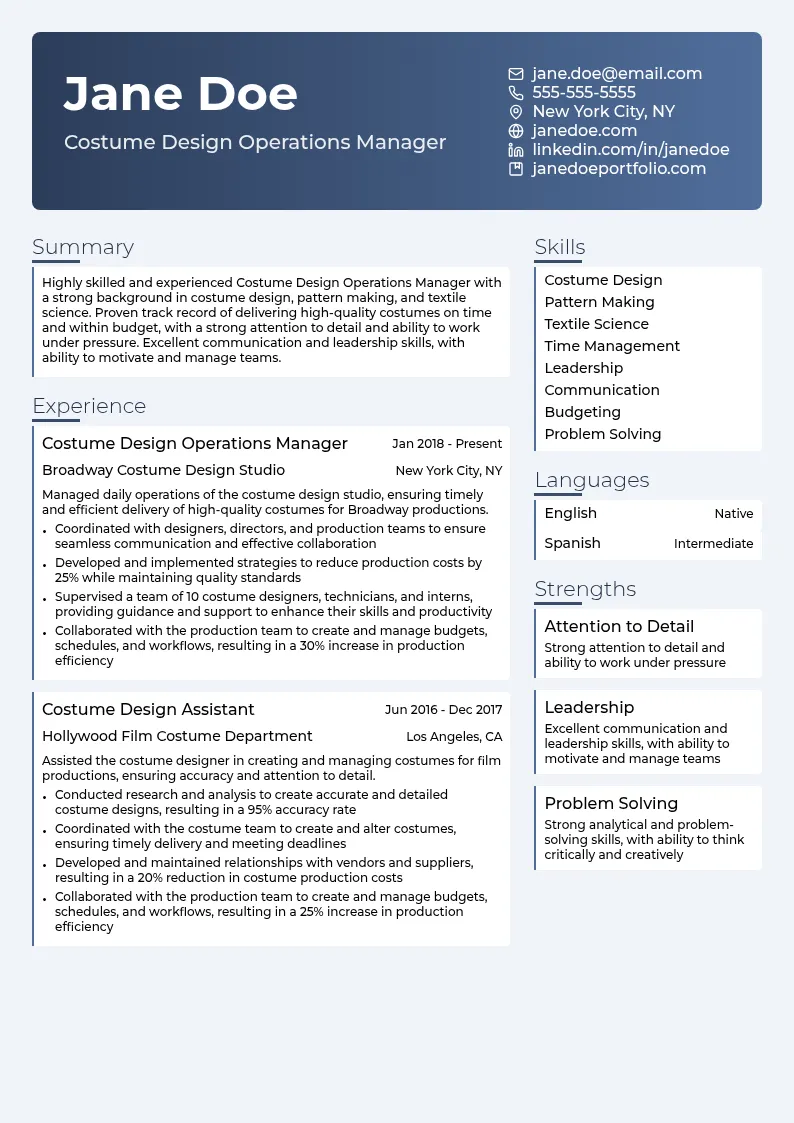 Costume Design Operations Manager resume example