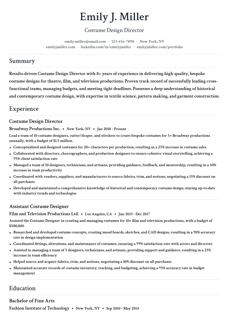 Costume Design Director resume example