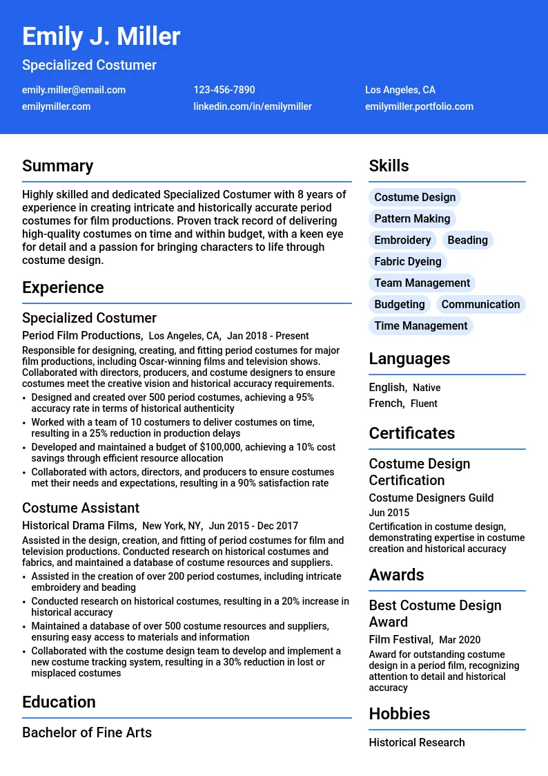 Specialized Costumer- Period Film resume example
