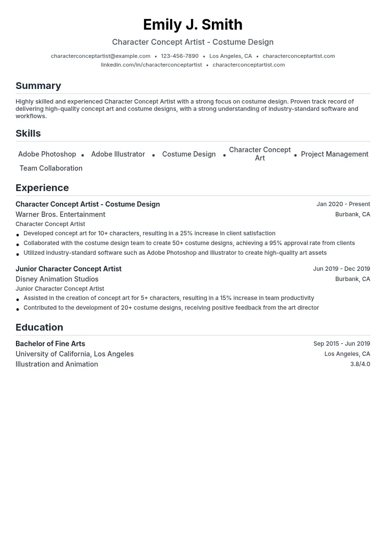 Character Concept Artist- Costume Design resume example