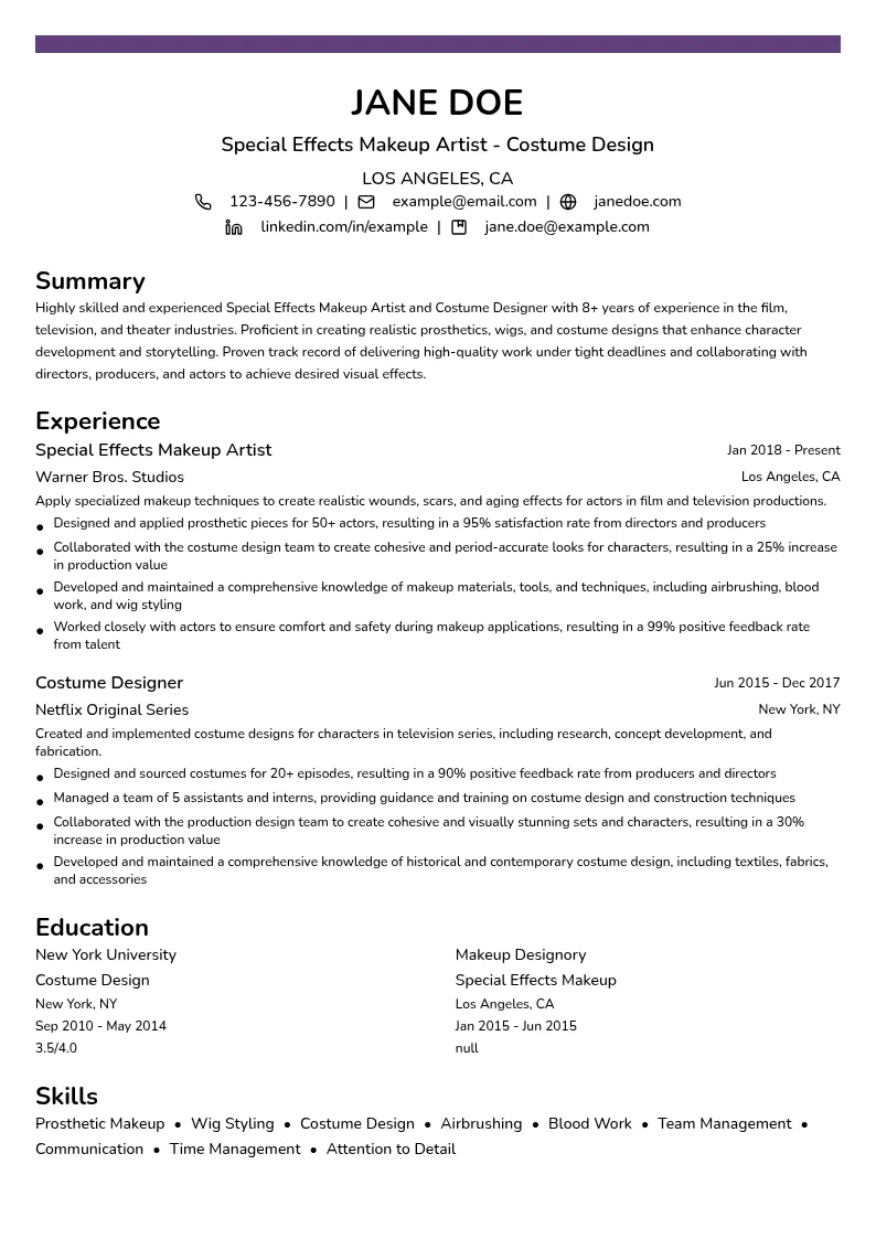 Special Effects Makeup Artist- Costume Design resume example