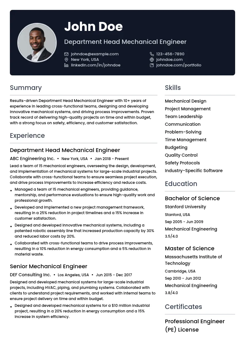 Department Head Mechanical Engineer resume example