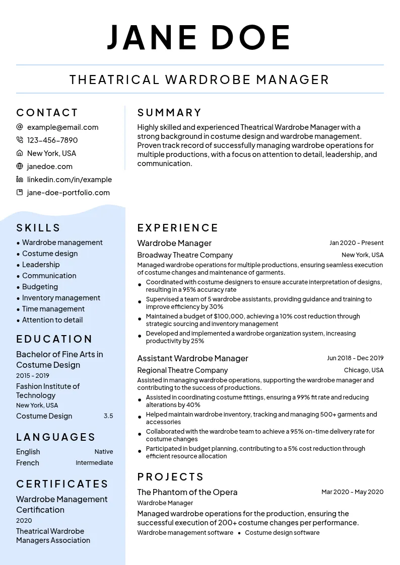 Theatrical Wardrobe Manager resume example