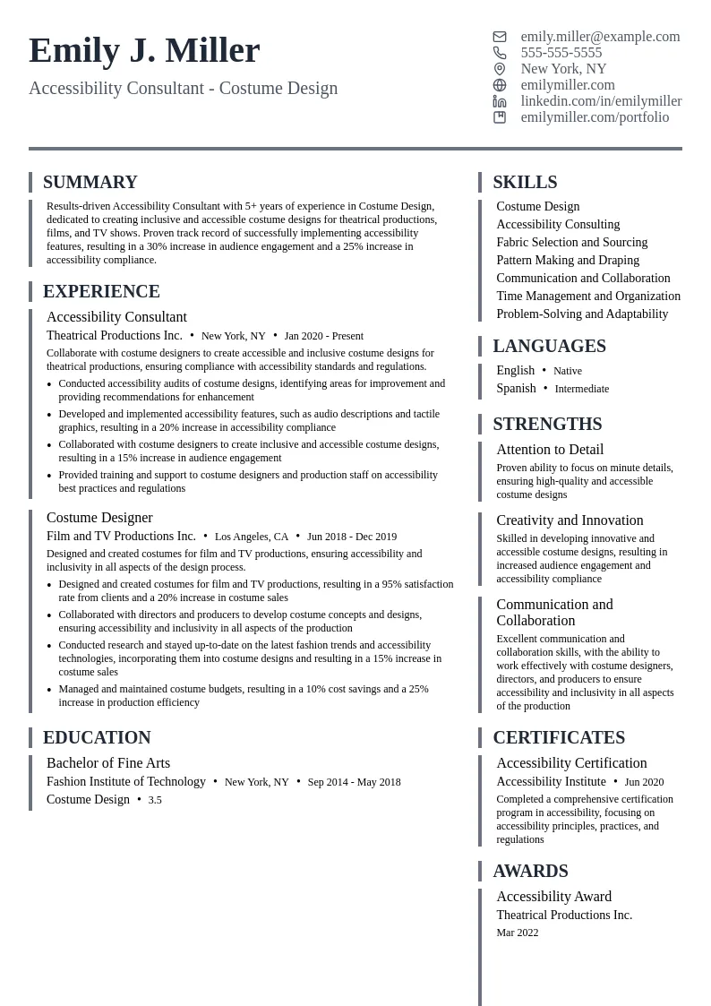 Accessibility Consultant- Costume Design resume example