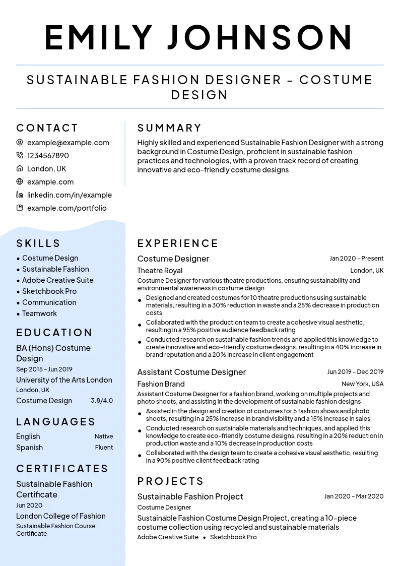 Sustainable Fashion Designer- Costume Design resume example