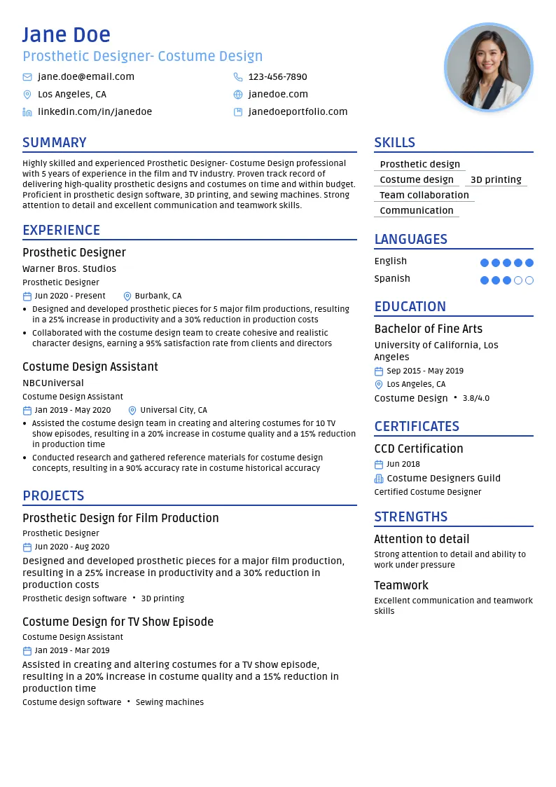 Prosthetic Designer- Costume Design resume example
