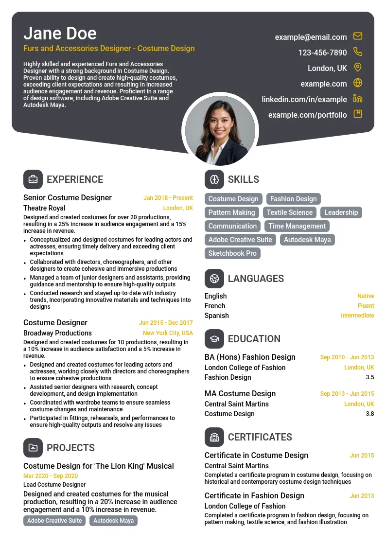 Furs and Accessories Designer- Costume Design resume example