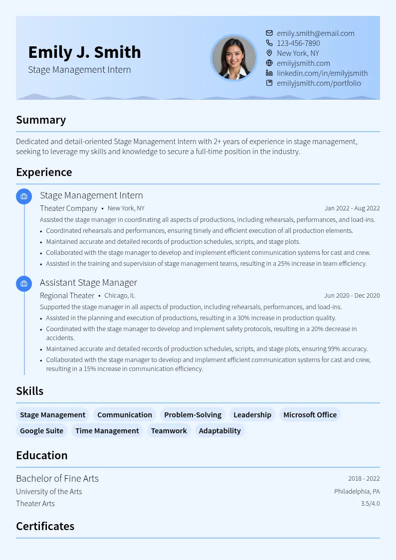 Stage Management Intern resume example