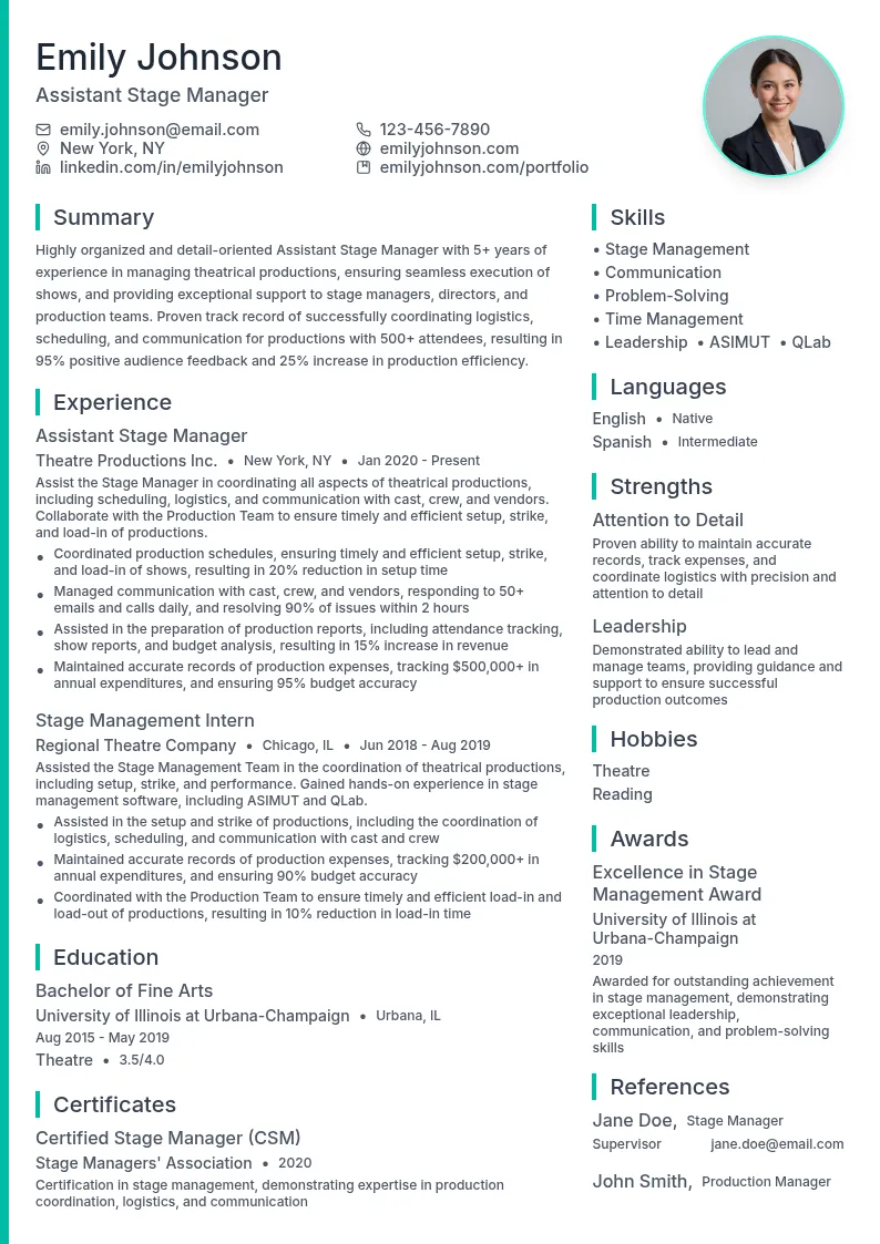 Assistant Stage Manager resume example