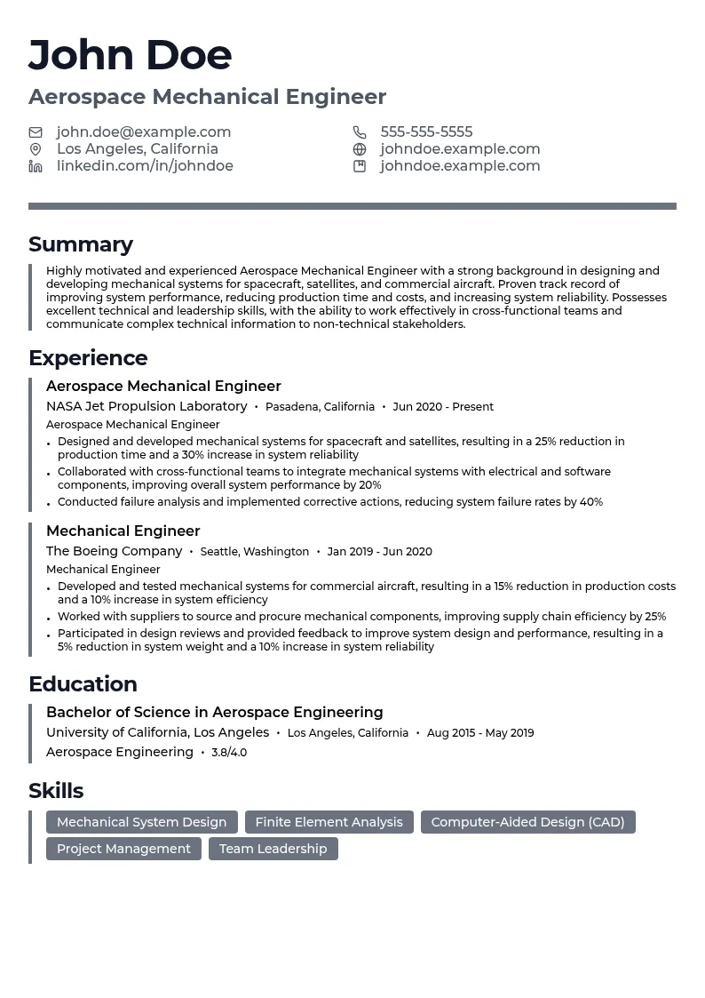 Aerospace Mechanical Engineer resume example