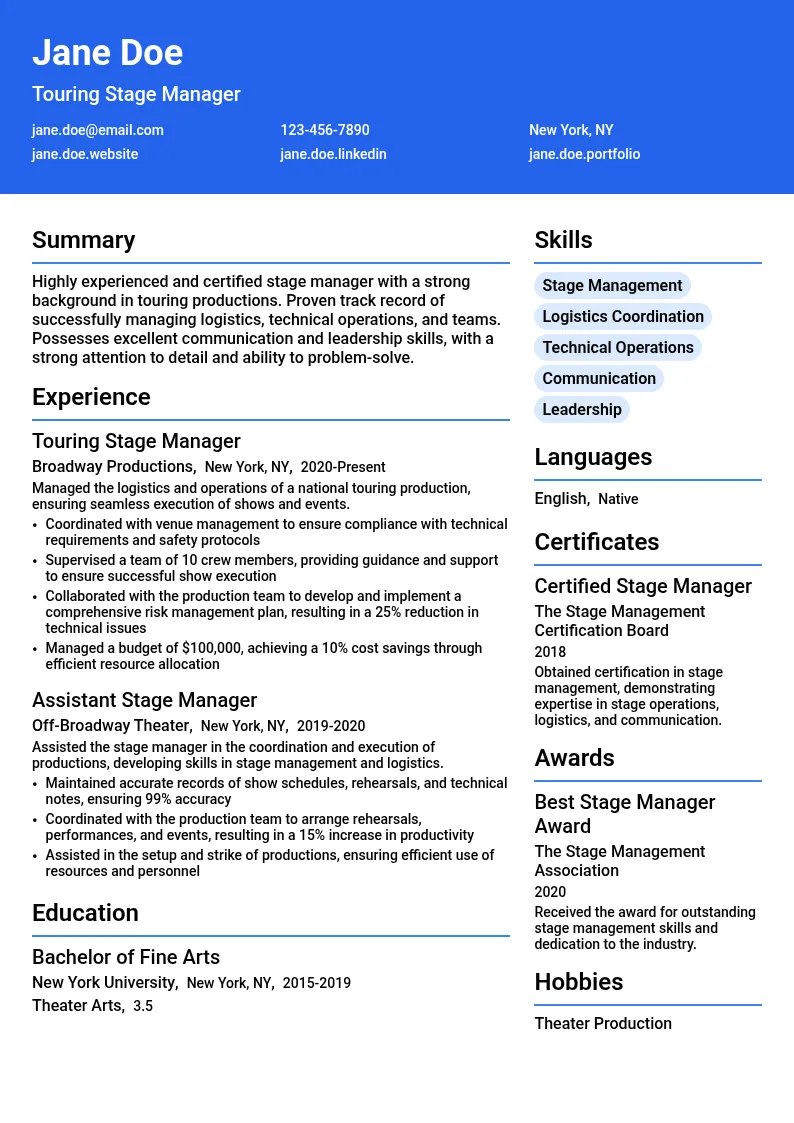 Touring Stage Management resume example
