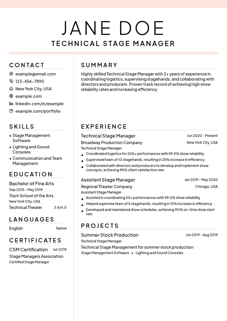 Technical Stage Management resume example