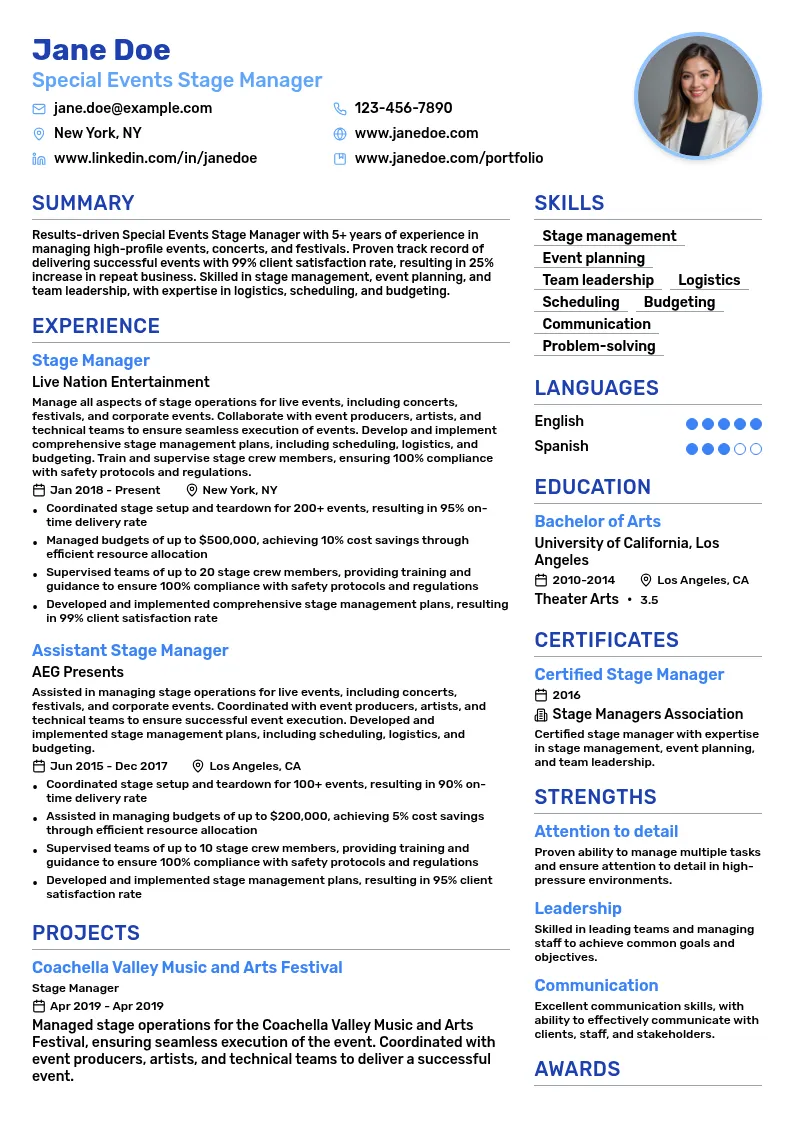Special Events Stage Management resume example