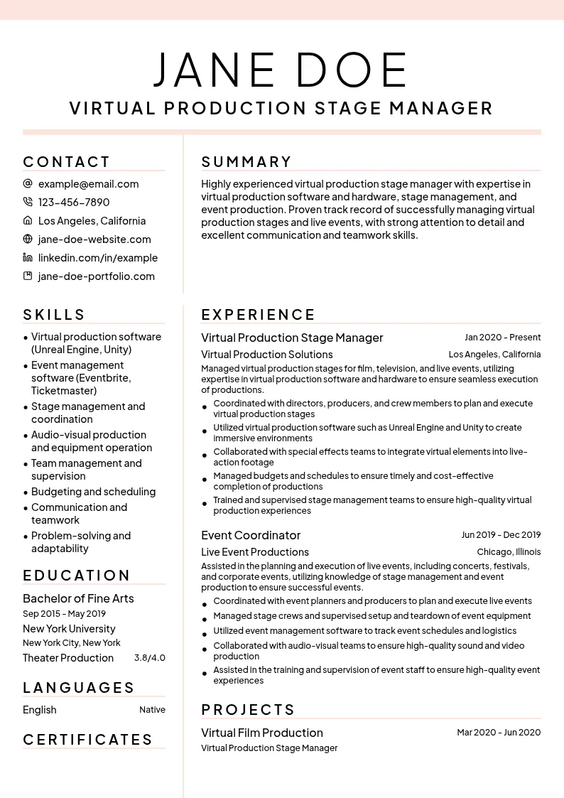 Virtual Production Stage Management resume example