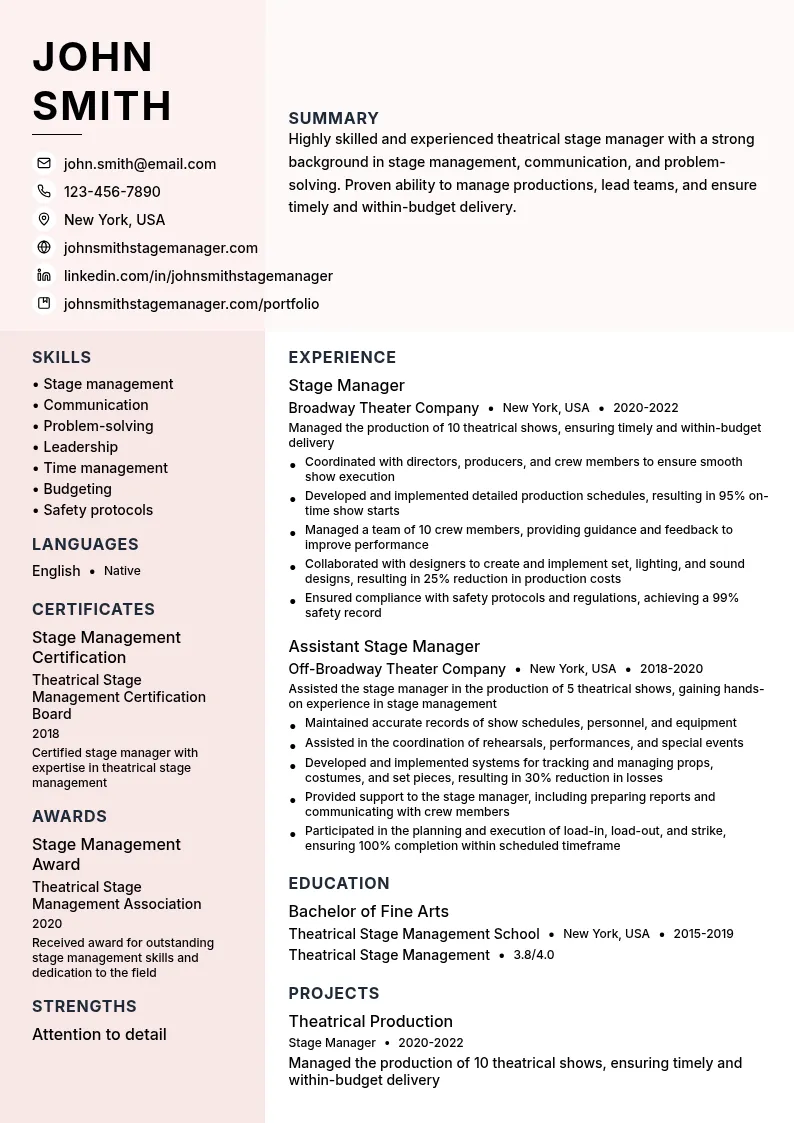 Theatrical Stage Management resume example
