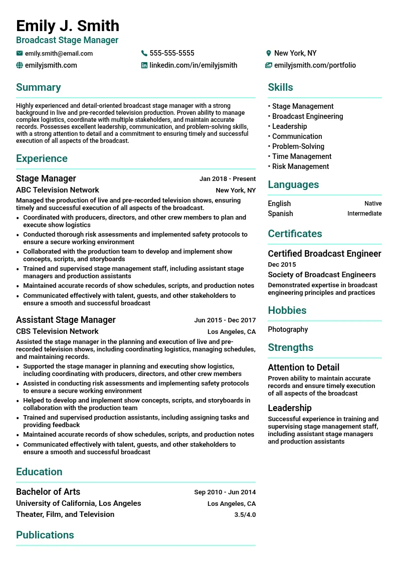 Broadcast Stage Management resume example