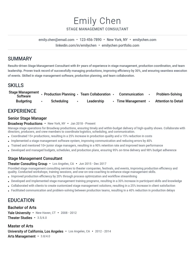 Stage Management Consultant resume example