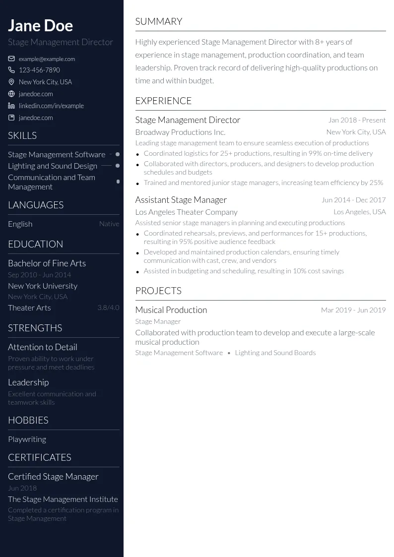 Stage Management Director resume example