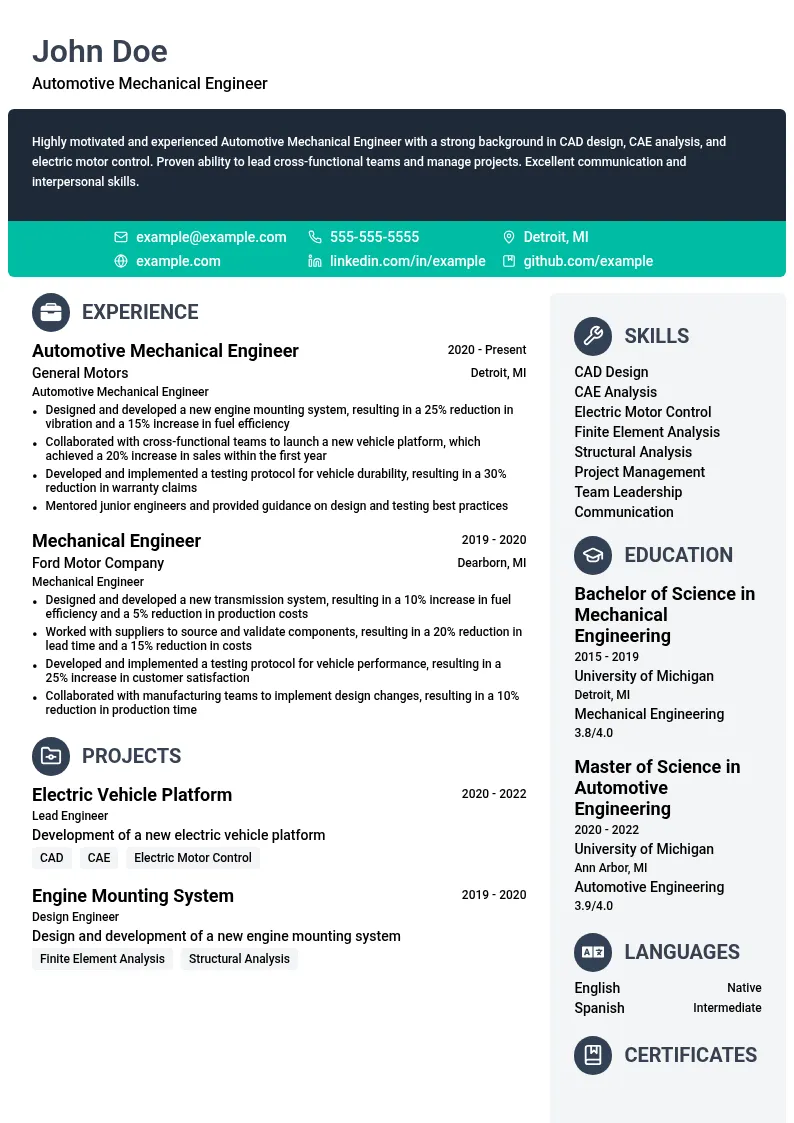 Automotive Mechanical Engineer resume example