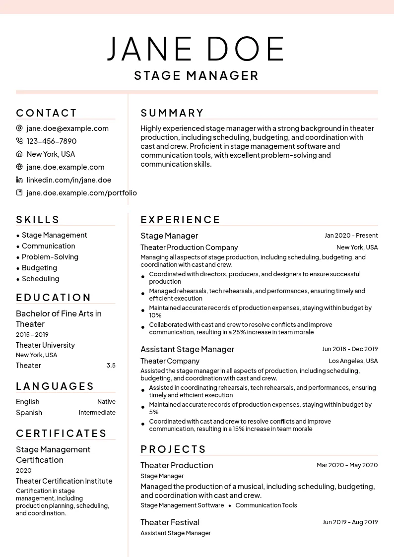 Studio Stage Management resume example