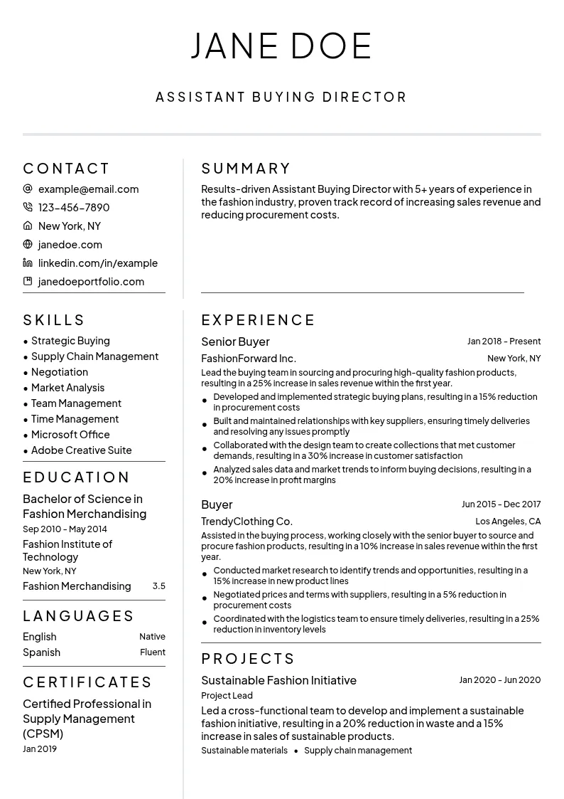 Assistant Buying Director resume example