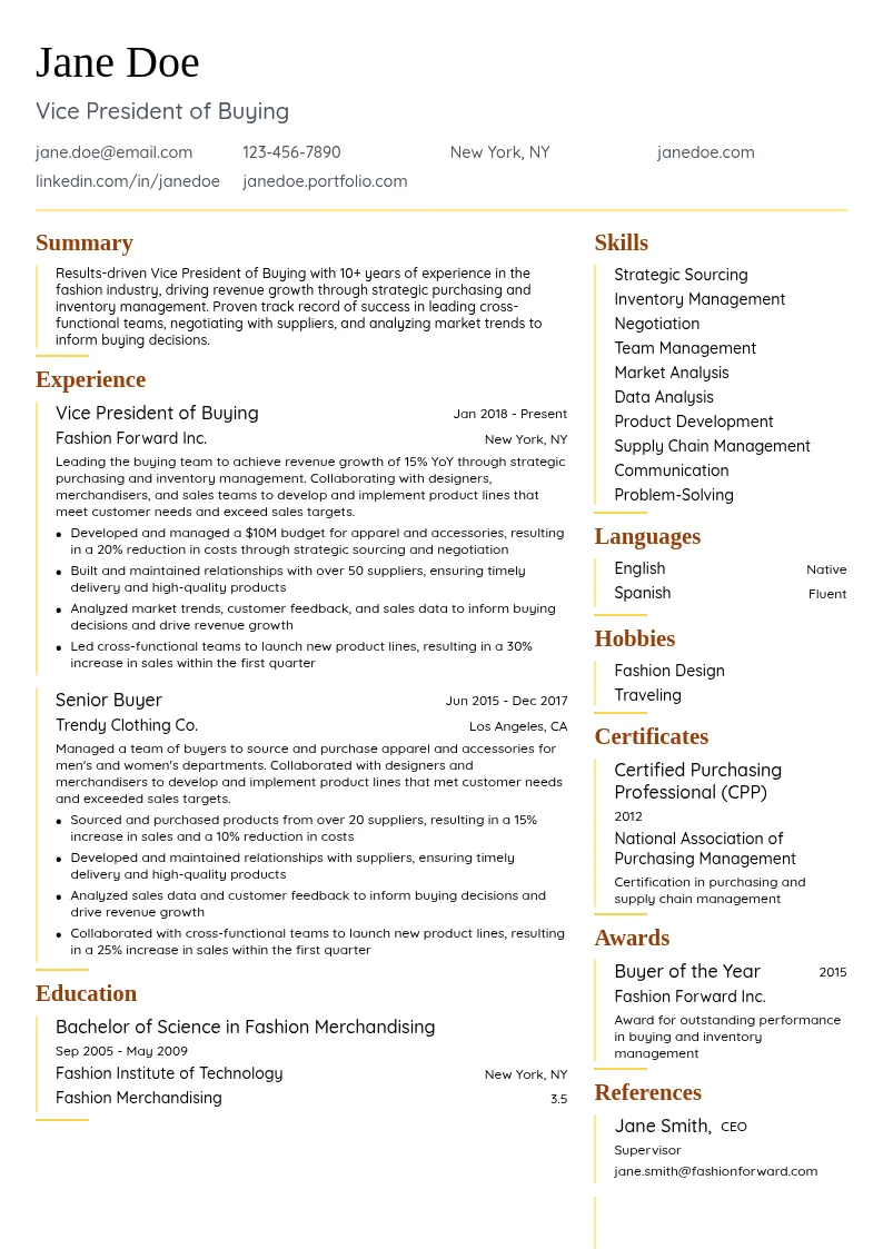 Vice President of Buying resume example