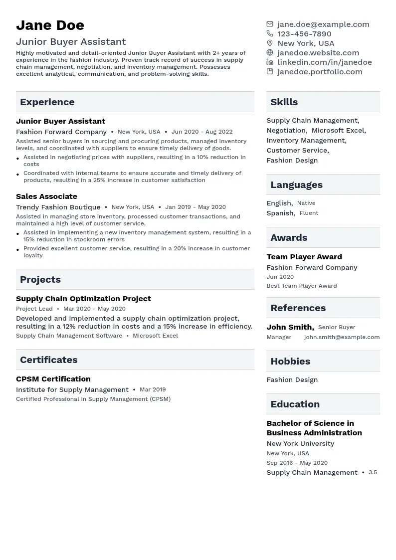 Junior Buyer Assistant resume example
