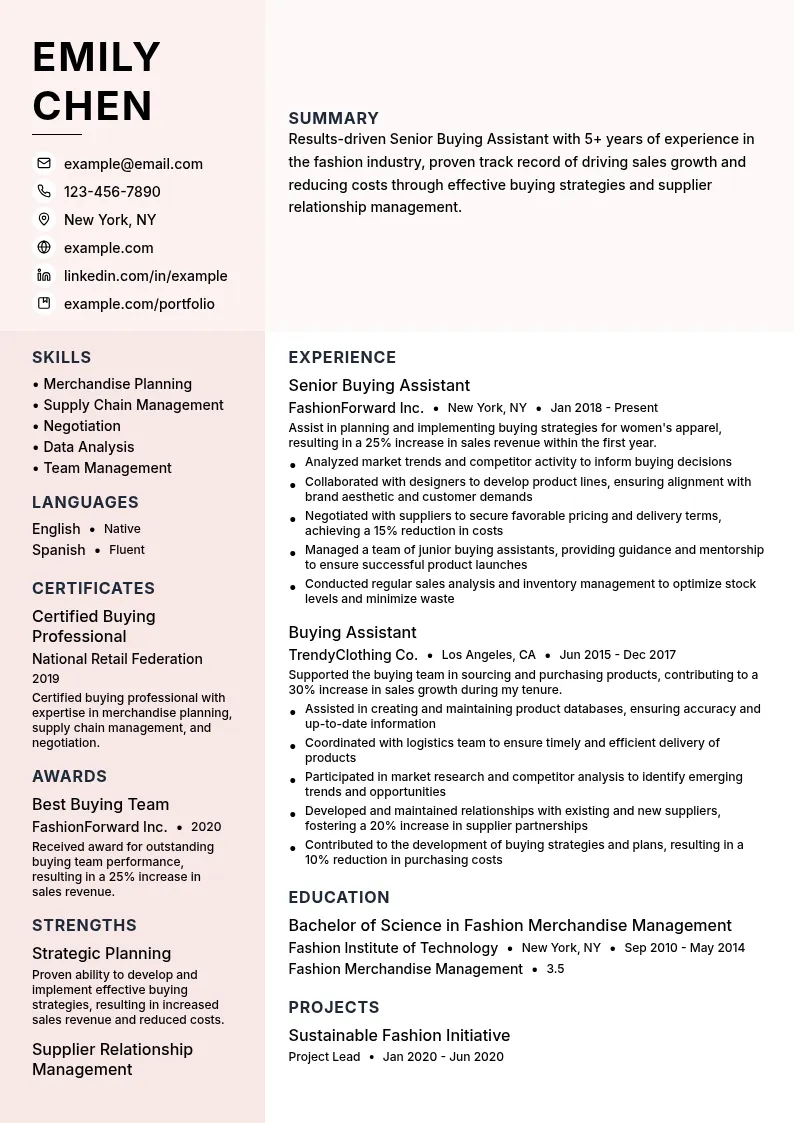 Senior Buying Assistant resume example
