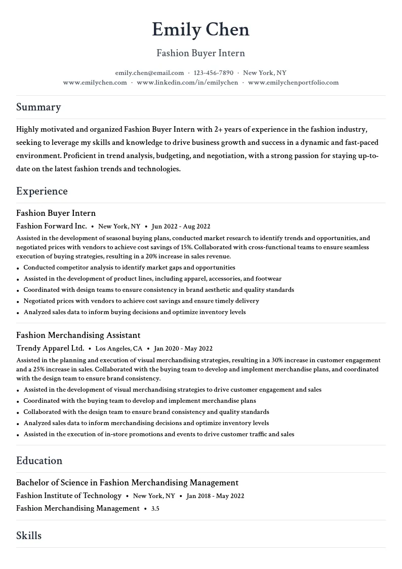 Fashion Buyer Intern resume example