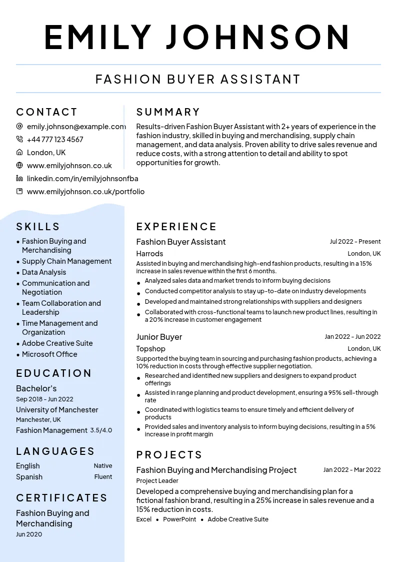FBA (Fashion Buyer Assistant) resume example