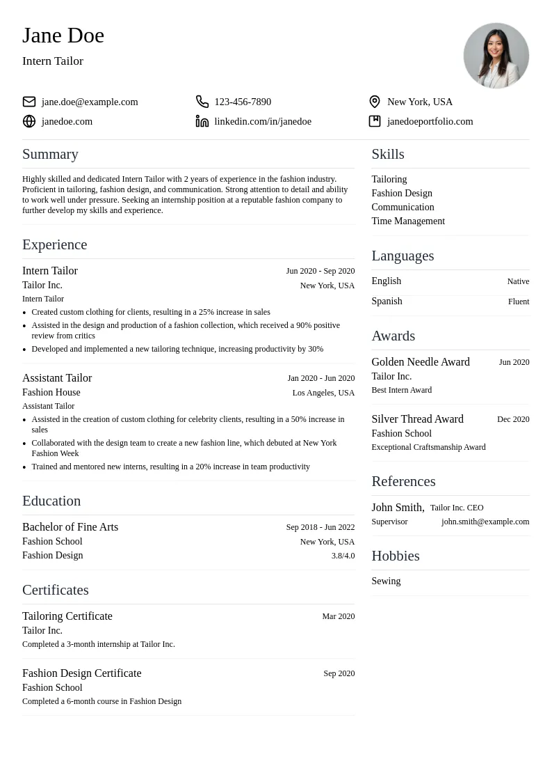 Intern Tailor resume example