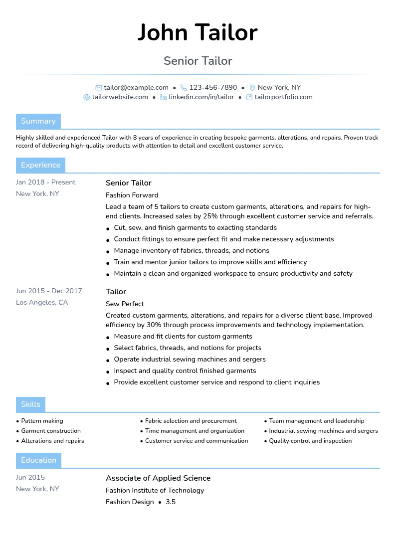 Tailor resume example