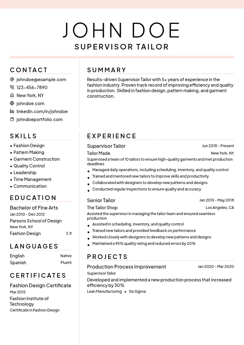 Supervisor Tailor resume example