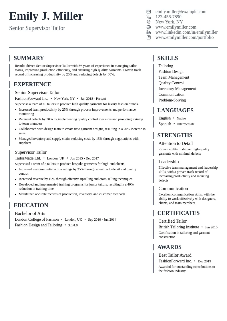 Senior Supervisor Tailor resume example