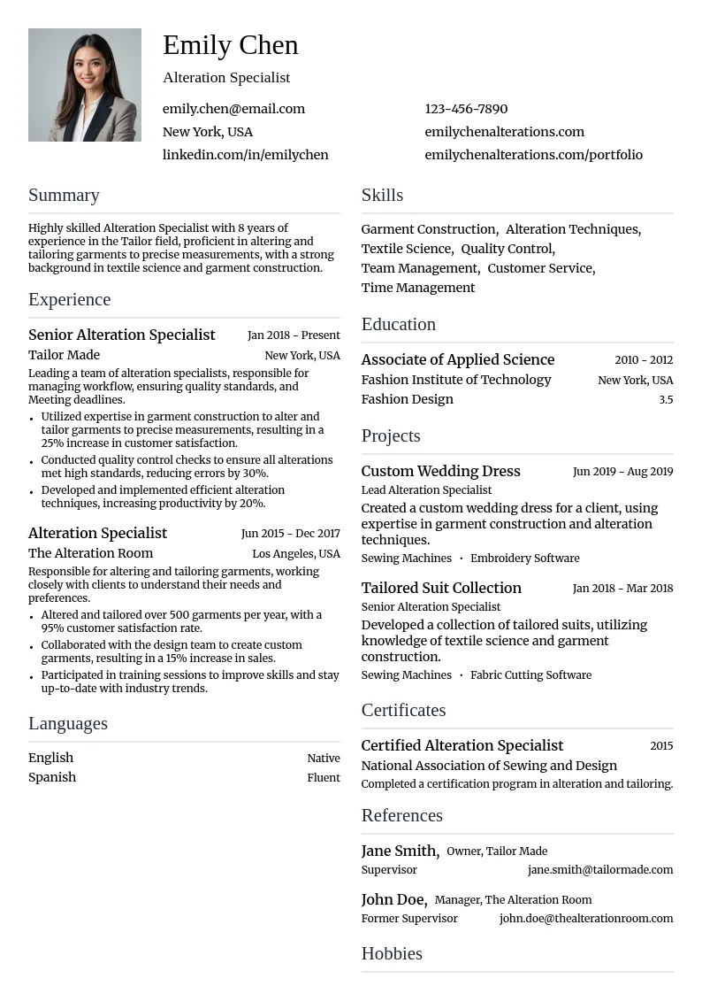 Alteration Specialist resume example