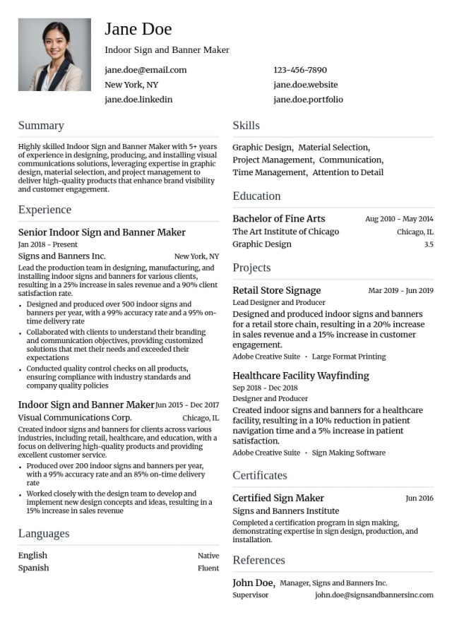 Indoor Sign and Banner Maker resume example