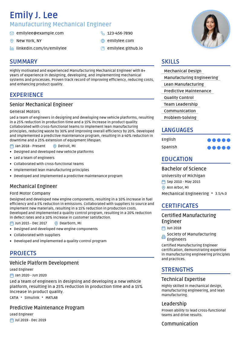 Manufacturing Mechanical Engineer resume example